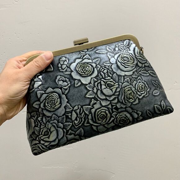 Gray Roses Handmade Embossed Cowhide Push-lock Clutch/Shoulder Bag, Crossbody - Picture 7 of 14